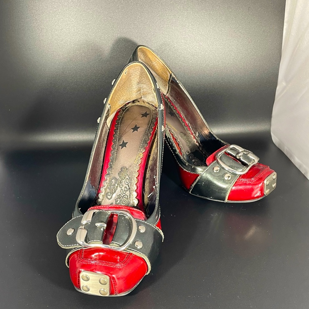 Naught Monkey Red and Silver square toed heels. Retro style and buckle. 6.5